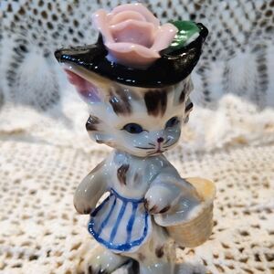 Charming Vintage China Cat Figurine with Basket